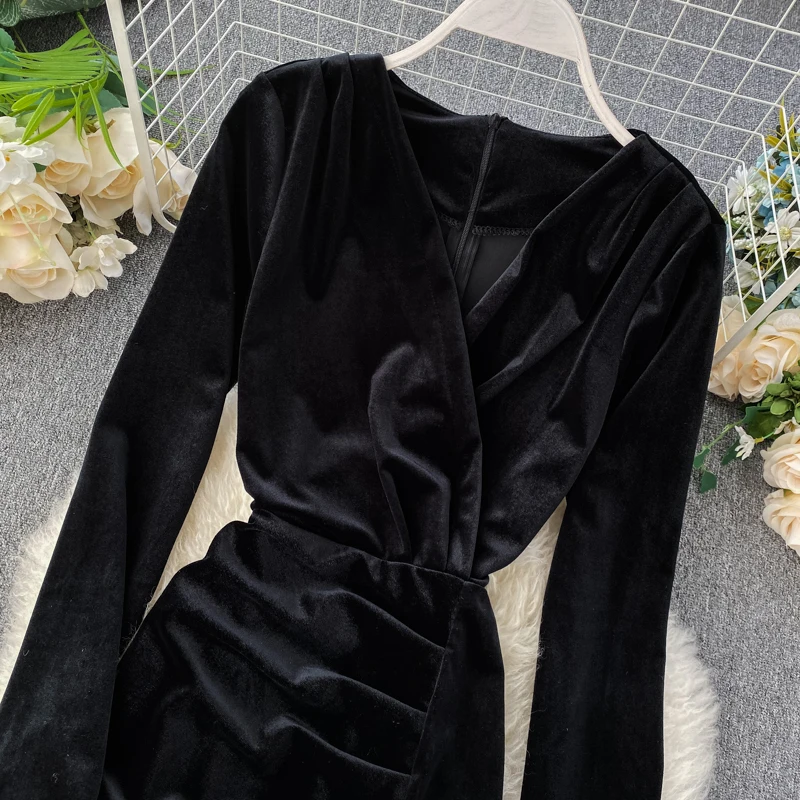 Neploe, v-образный вырез, сексуальное, тонкая талия, длинное, Vestido, темпераментные, вечерние, вельветовое, ТРАПЕЦИЕВИДНОЕ ПЛАТЬЕ С Высокой Талией, одноцветное, с длинным рукавом, весна, Ropa 47886