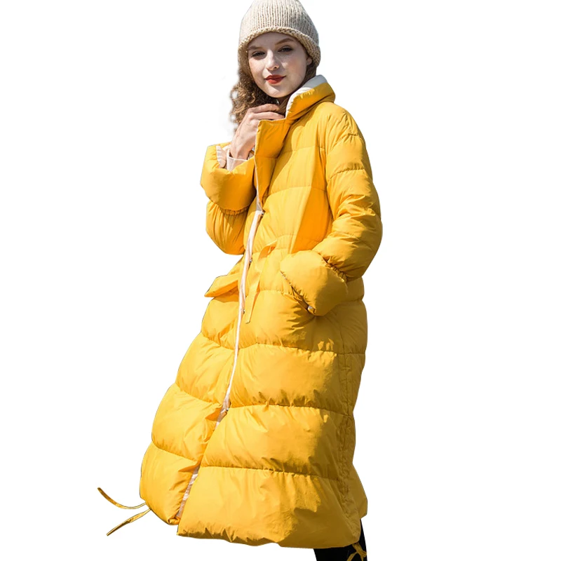 Женский длинный пуховик на белом утином пуху Модная стильная Толстая зимняя