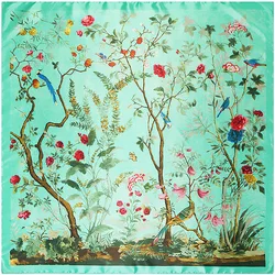 Women Silk Square Scarf 90*90cm Luxury Brand Green Tree Shawls Femme Foulard Bandanas Flower Pattern Women's Scarves