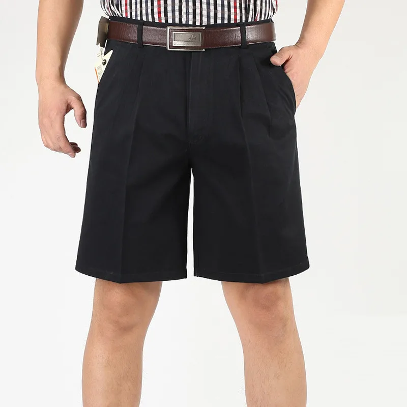 Navy blue Новые летние мужские шорты, двойные плиссированные хлопковые свободные шорты с высокой талией, тонкие повседневные штаны среднего возраста, размер 30-46 - Цвет: Navy blue