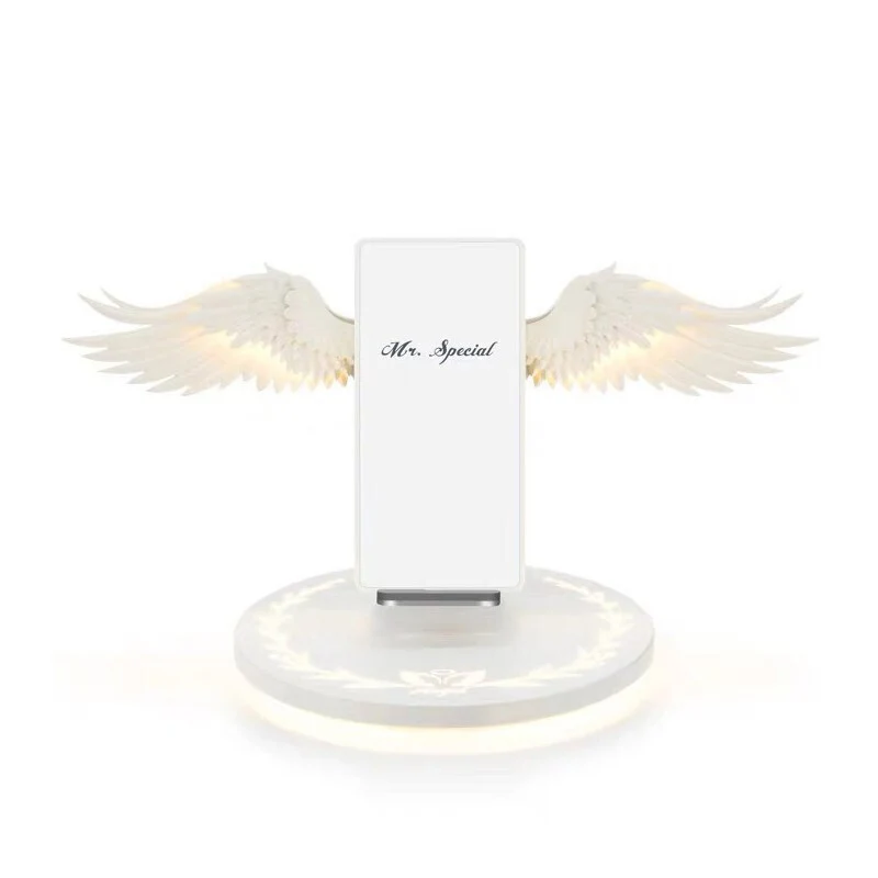 White Wireless Charging Dock Fast Charger Vertical Bracket for Huawei iPhone Samsung Mobile Phone Holder Bookshelf Ornament Angel Wing - Цвет: White
