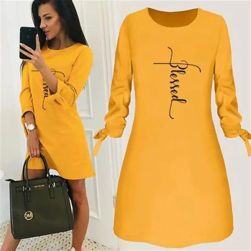

Round Neck Solid Color Bow Dress Blessed Letters Print Dress Beach Women Dresses Vintage Flamingo Cheap Clothes