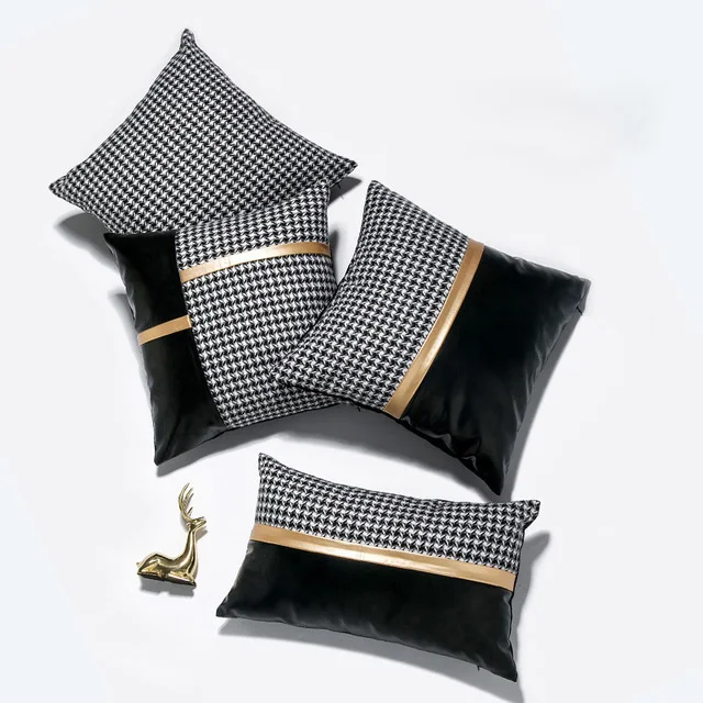 

Cushion Cover decorative Cushion Throw Pillow Cover Houndstooth PU Stitching Cushion Case Sofa Bed Coussin Decorative Pillowcase