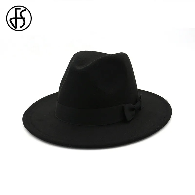 FS Женская шерстяная шляпа Fedora розовая Зимняя Осенняя элегантная Трилби церковная Джаз шапки с бантом классические черные широкополые