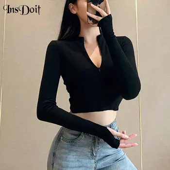 

InsDoit Punk Streetwear Zipper Black T Shirt Women Harajuku Gothic Bodycon Long Sleeve T Shirt Autumn Chic Turtleneck Crop Tops