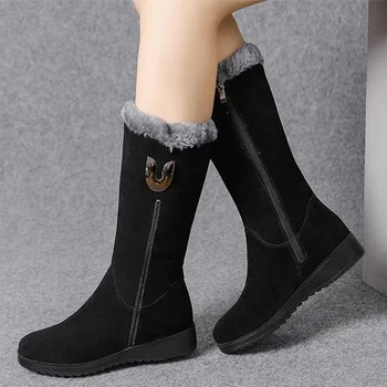 MCCKLE Women Boots Flock Warm Plush Ladies Winter Shoes Sewing Female Causal Comfortable Non-slip High Boots Woman Snow Boots tanie i dobre opinie Square heel CN(Origin) Mid-Calf Concise zipper Solid Women Snow Boots Adult Round Toe Rubber Med (3cm-5cm) 0-3cm Fits true to size take your normal size