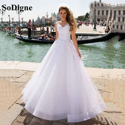 Sunmns A-Line White Wedding Dress Lace Appliques Scoop Sleeves Princess Bride Dress Boho Luxury Wedding Dresses