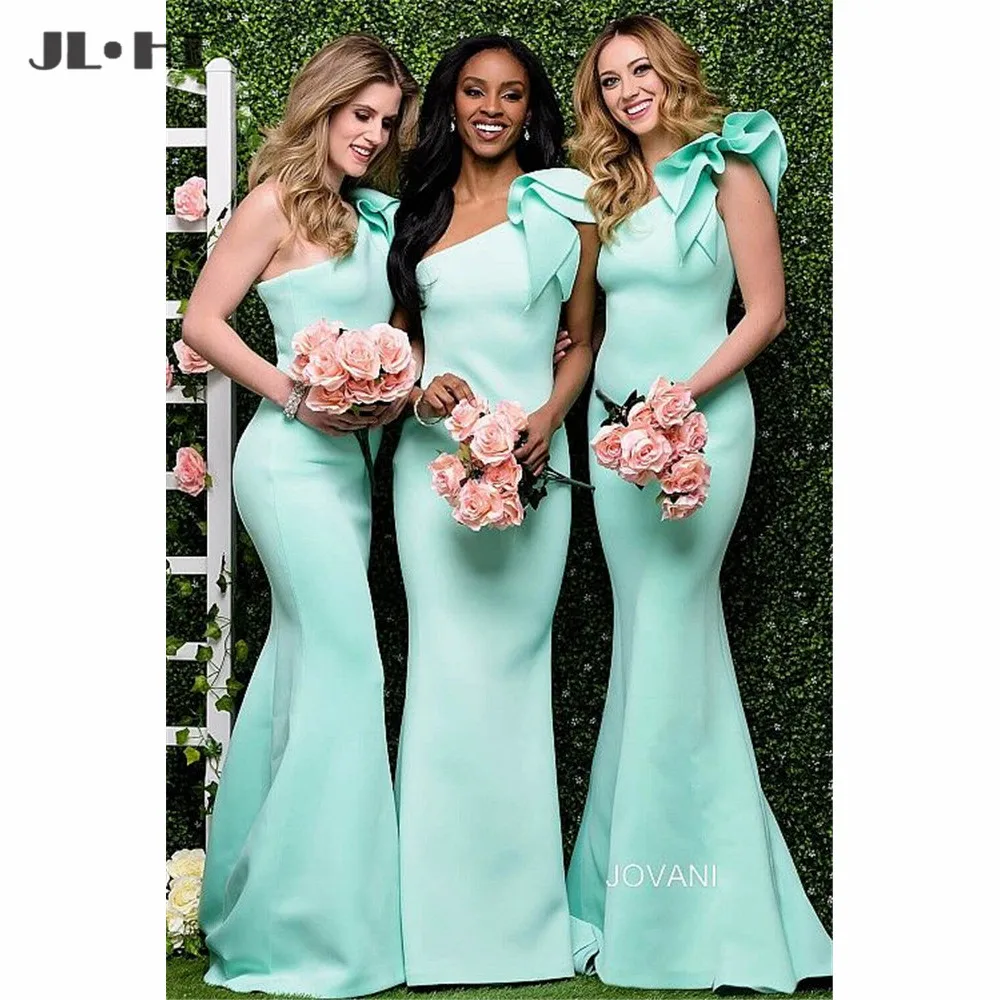 Hermosa Un Hombro Gasa Largo Vestido De Dama De Honor Verde Menta