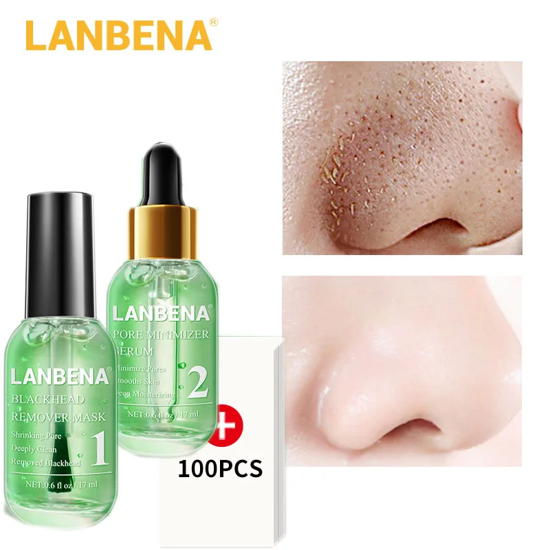 

LANBENA Green Tea Blackhead Remover Nose Mask Pore Strip Peeling Acne Treatment Pore Refining Minimizer T Zone Care Serum Set