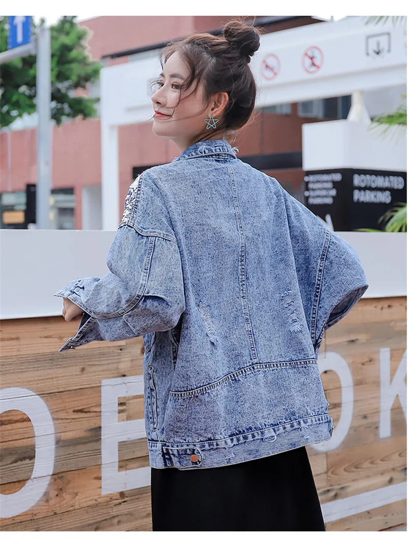 Limiguyue Новая мода sequines джинсовая куртка для женщин джинсовые пальто длинный рукав отложной воротник Свободная верхняя одежда весна осень ковбойская Женская куртка Y300