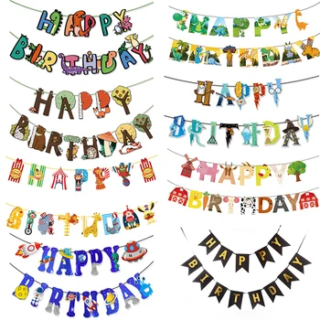 

LAPHIL Jungle Theme Party Paper Banners Cartoon Animal Dinosaur Bunting Garland Happy Birthday Decorations Baby Birthday Favors
