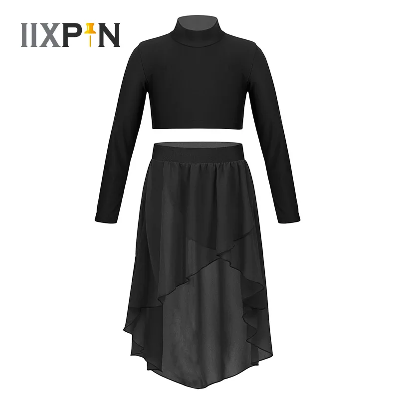 

Kids Girls Long Sleeve Crop Top with Chiffon Skirt Kid Dance Ballet Tutu Dress Professional Ballerina Costume