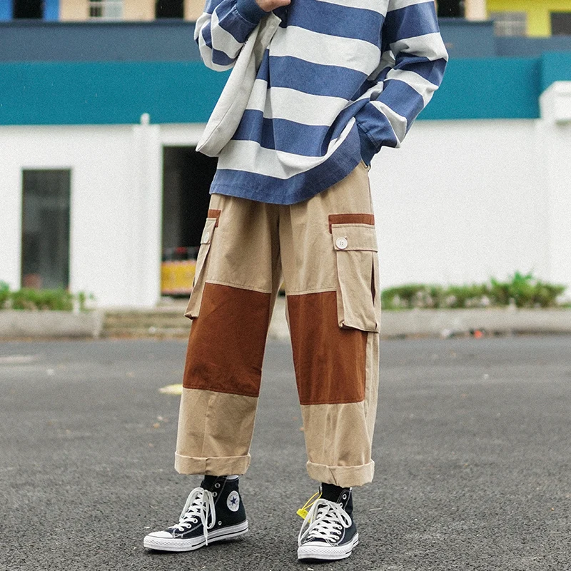 LAPPSTER Мужская Harajuku Японская уличная одежда шаровары комбинезоны мужские винтажные Striaght брюки карго хаки Лоскутные Спортивные штаны - Цвет: Khaki