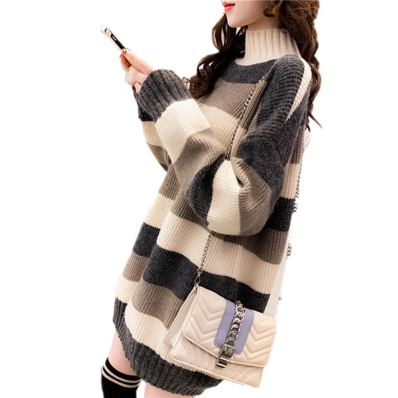 

Long Pullovers Women Turtleneck Sweaters Long Sleeve Striped Female Jumper Autumn Fashion Basic Top Soft Knitted Warm Clothes