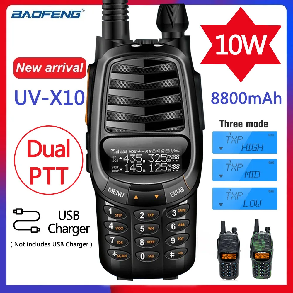 Baofeng-walkie-talkie portátil de doble banda, UV-X10, 10W, 8800mAh, 2 PTT, VHF, UHF, Cargador USB, 30km, Ham, CB, Radio de 2 vías, transceptor, UV-5R
