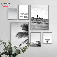 Galeria de arte parede impressão preto e branco palmeira surf oceano paisagem inspirador cartazes e impressão decoração da parede para sala estar