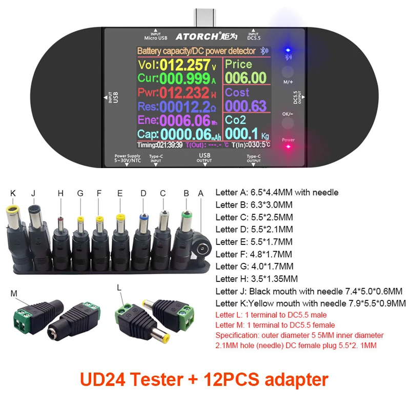 Testeur USB ATORCH DC5.5 Type-C voltmètre numérique ampèremètre banque d'alimentation détecteur de tension de batterie voltmètre électrique + adaptateur CC
