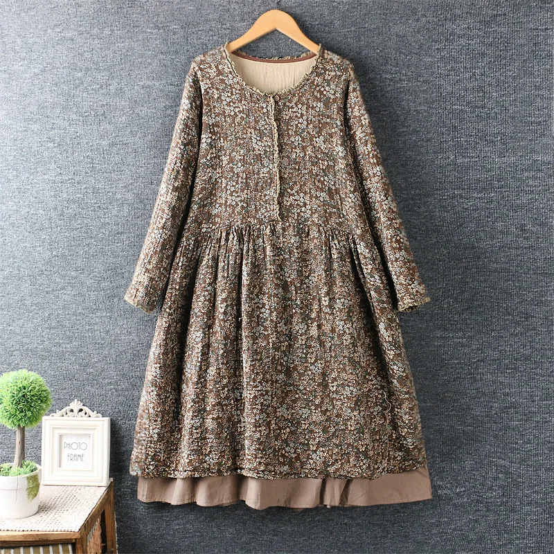 Autumn O-Neck Floral Print Thickened Female Dress Double Hem Long Sleeve Dress for Women Vestido Retro Mori Girl Dress Robe