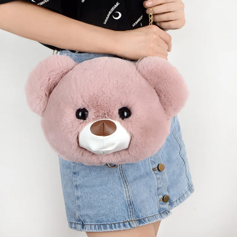 Cute Plush Bear Backpack Keychain For Women Fluffy Rabbit Fur Handbag Casual Chains Messenger Bag Girls Party Gift
