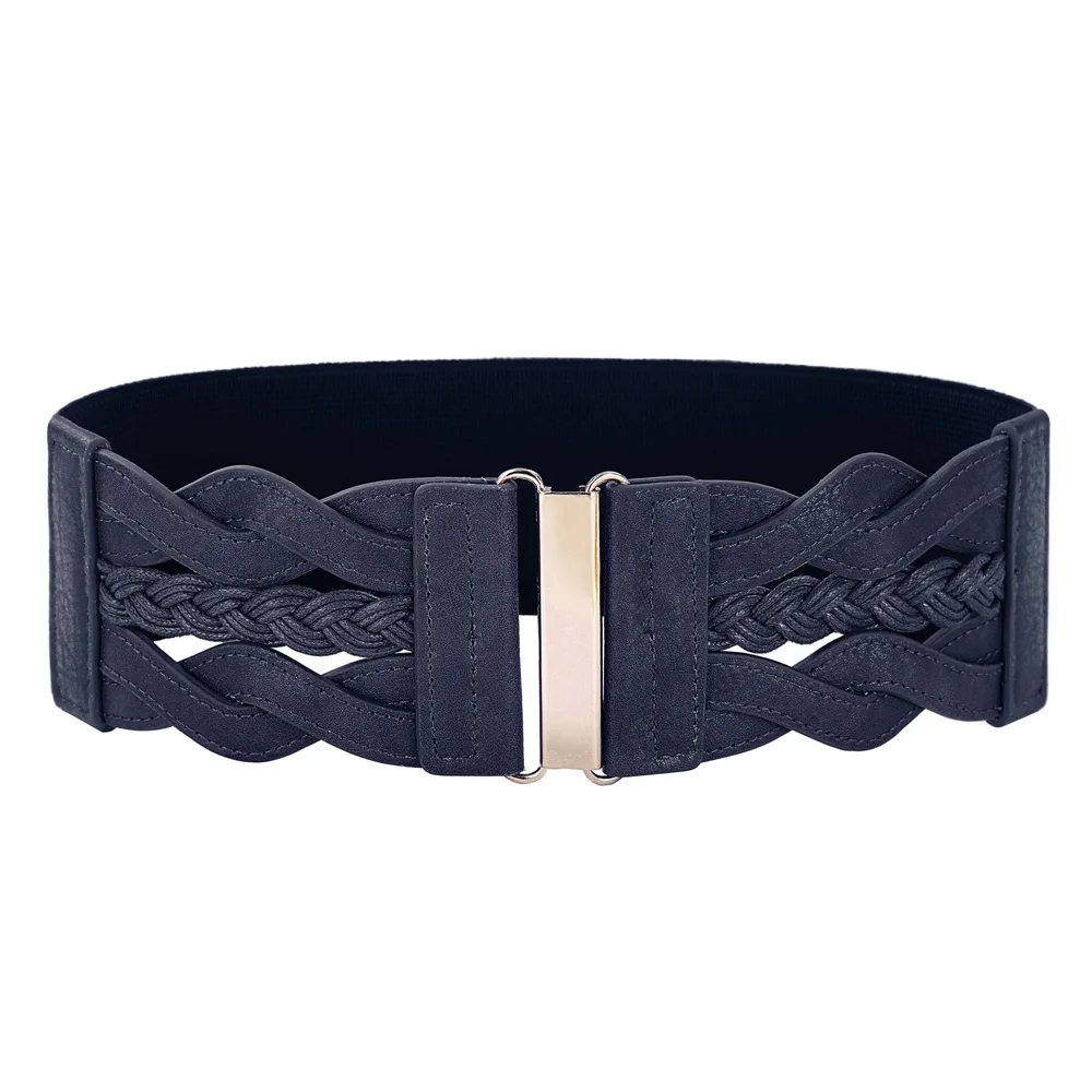 Dark Navy KK Модные женские плетеный пояс Эластичная лента+ PU кожаные поясные ремни для женщин Новые однотонные Boho платье Blet женские - Цвет: Dark Navy
