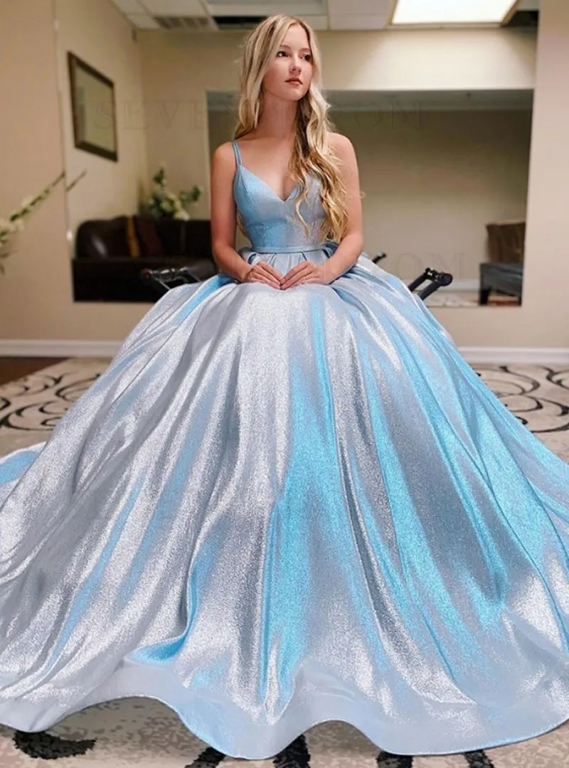 

Modest Long Light Blue Glitter Prom Dress Long 2020 Evening Party Dress For Women Cross Backless robe de soiree