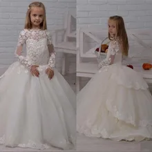 Платья цвета слоновой кости с цветочным узором для девочек на свадьбу; бальное платье с длинными рукавами для маленьких девочек; блестящее пышное платье принцессы