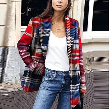 

Winter Coat Women Fashion Plaid Button Pockets Warm Woolen Long Sleeve Long Tops Slim Was Thin Coat Outwear 2019