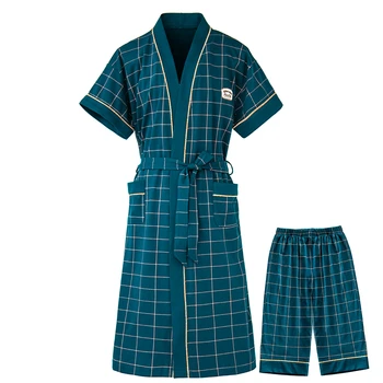 

New Men's Summer 100%Cotton Robe Set Spring Autumn Plus Size String Bathrobe Male Short Sleeve Shorts Home Wear Clothes Suit