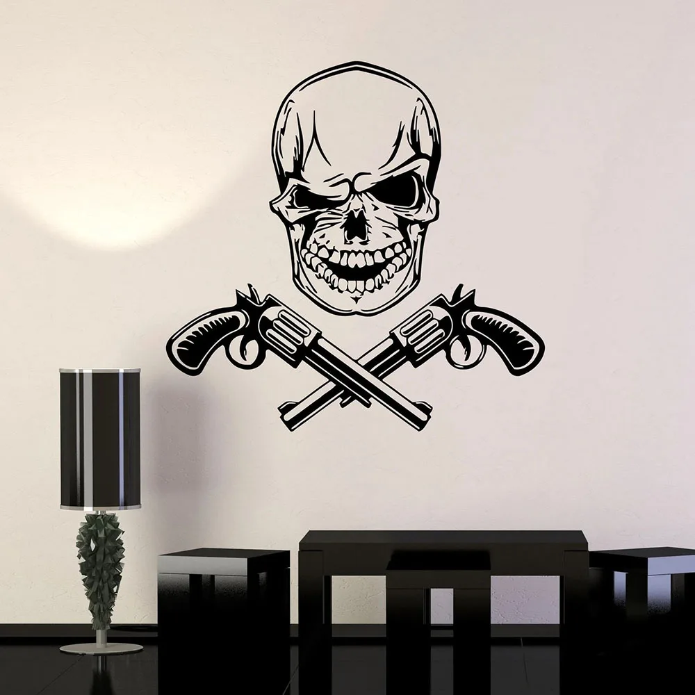 Skull Bone Wall Stickers Gun Revolver Death Mafia Door Window Vinyl Decal Teens Bedroom Man Cave Bar Club Interior Decor E261 | Дом и сад