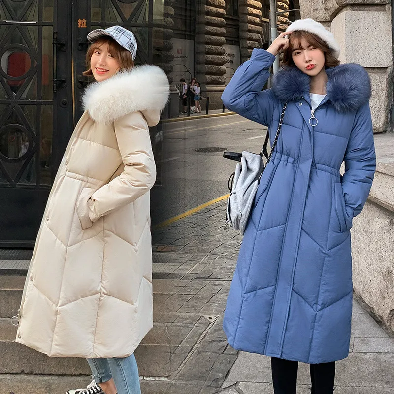 ##BUY Down Cotton Coat Female Winter Jacket Long Section Big Fur Collar Hooded Coat Elastic Waist Thicken Warm Snow Cotton Overcoat