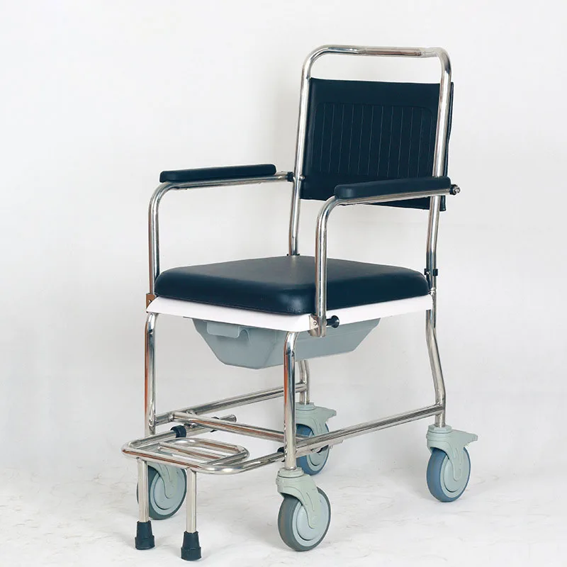 Commode Wheelchair Stainless Steel Strong Loadbearing Removable Cushion Retractable Pedals Mute