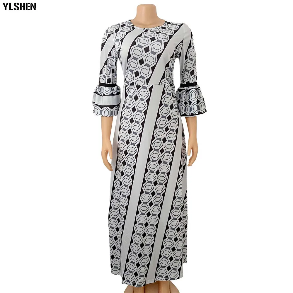 

African Dresses For Women Dashiki Long Ruffles Sleeve Robe African Dress Africa Clothes Retro Geometric Print Party Maxi Dress