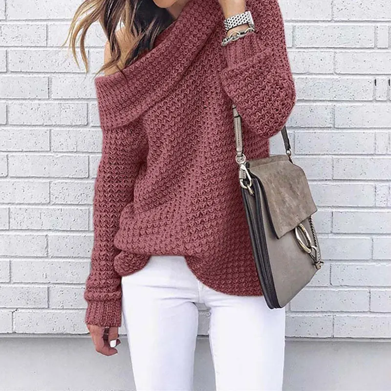 

2019 Autumn One Shoulder Sweater Ladies Warm Sweater Winter Christmas Sweater Pullover Female Off Shoulder Sweater Women Gray