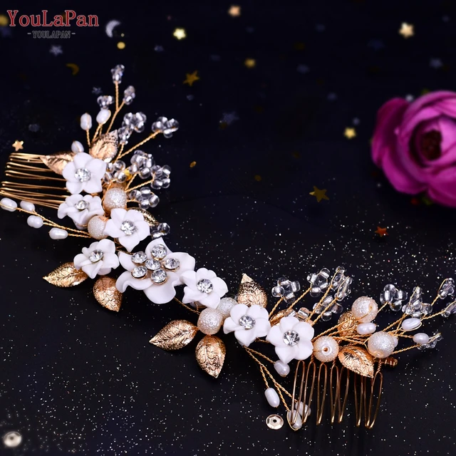 TOPQUEEN HP301 Indian Bridal Hair Accessories Alloy Flower Bridal Crowns and Tiaras Silver Hair Pieces Wedding Hair Jewelry HP337-Gold