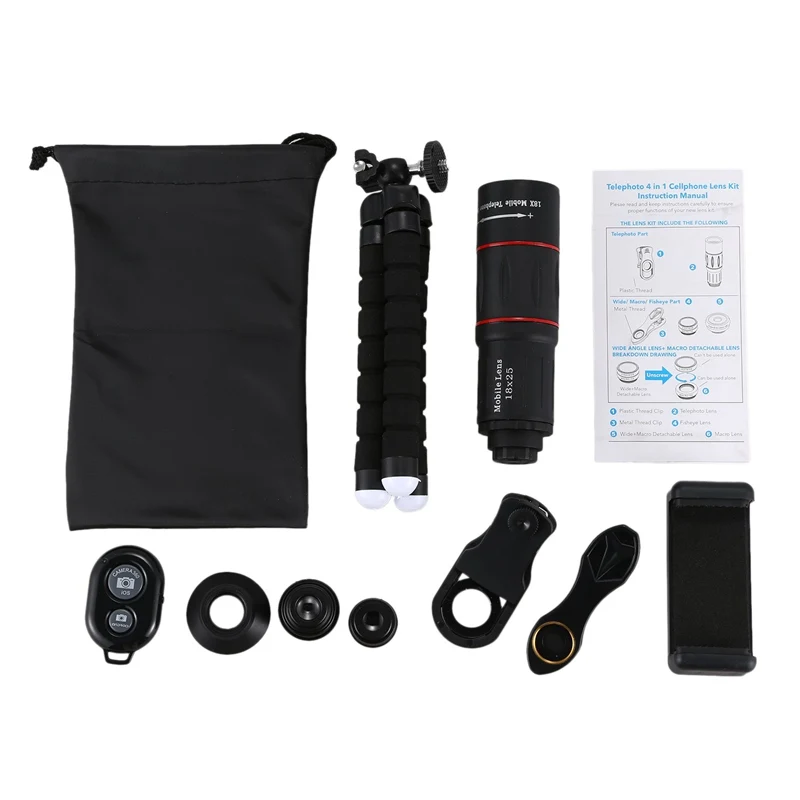 

Phone Photography Kit-Flexible Phone Tripod +Remote Shutter +4 In 1 Lens Kit-High Power 18X Monocular Telephoto Lens, Fisheye, M