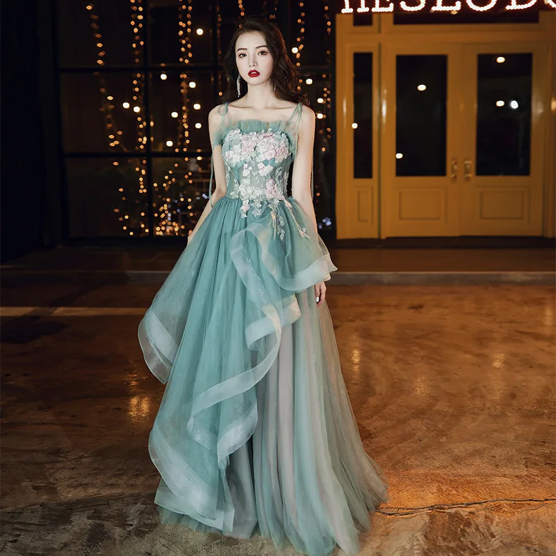 

Green Exquisite Spaghetti Sexy Evening Party Dress Formal Exquisite Dress Women Novelty Qipao Noble Cheongsam Prom Gown