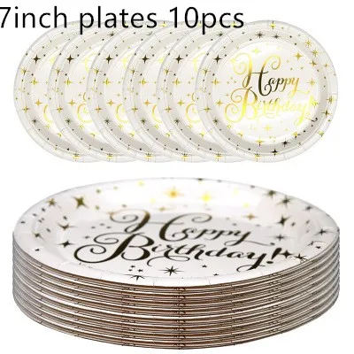 7inch plate 10pcs Новинка, золотые бумажные вечерние принадлежности на свадьбу, день рождения, одноразовые бумажные тарелки, чашки, столовые приборы, набор, золотая звезда, горячее тиснение - Цвет: 7inch plate 10pcs