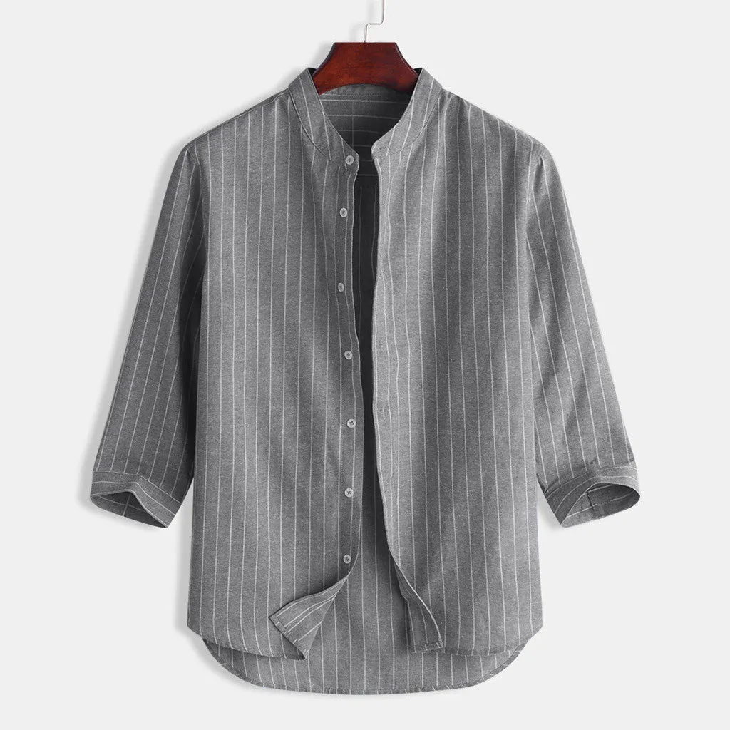 Men's Summer Button Cotton Shirt Casual Striped Stand Collar 7 Points Sleeve Top 3.25 | Спорт и развлечения