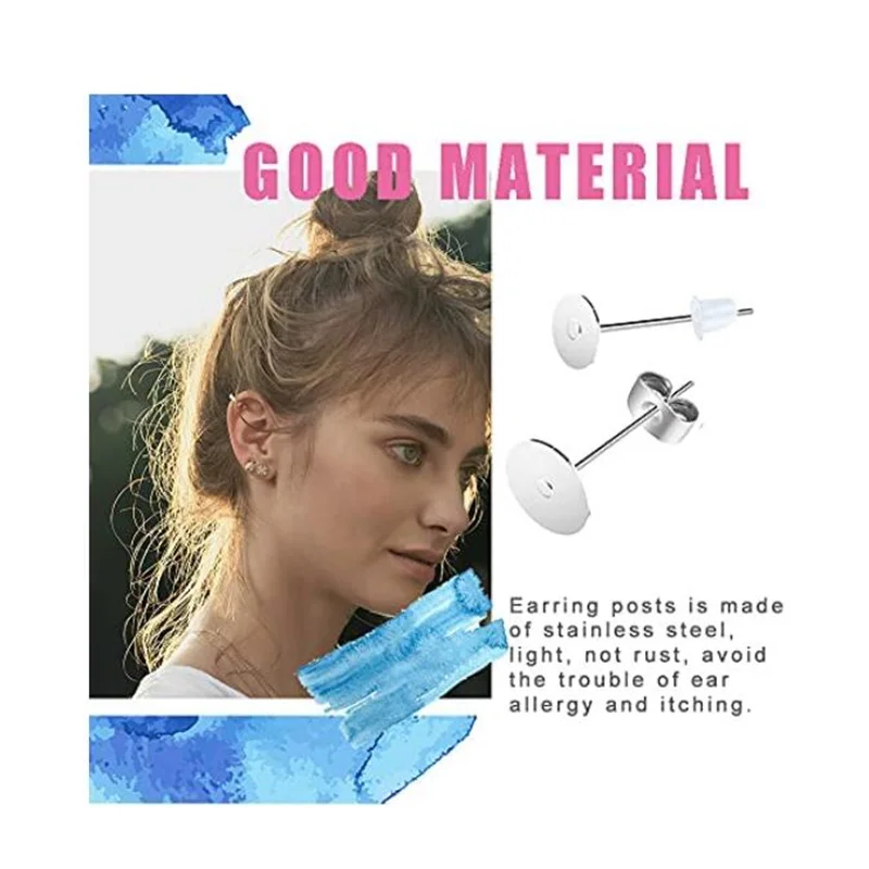 200pcs Nickel-Free Stainless Steel Earrings Posts Flat Pad, Earring Backs for Studs, Hypoallergenic Earring Studs with Butterfly and Rubber Bullet Ear