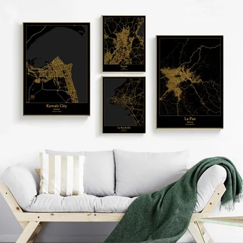

Kuwait City Kuwait Kyoto Japan La Paz Bolivia La Rochelle France map Canvas poster Painting Home Decoration Wall Art Decor