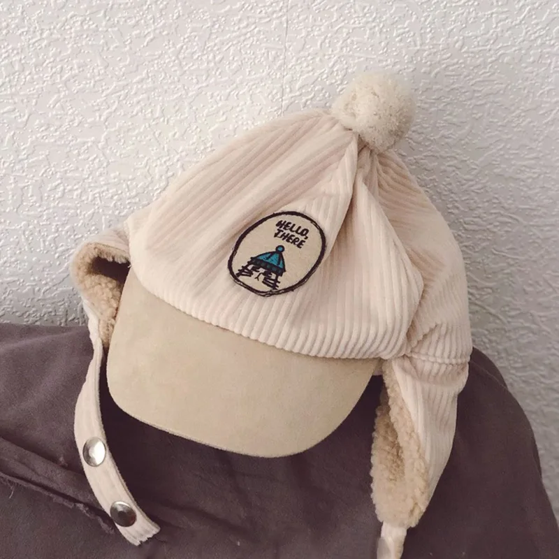 Beige Детская зимняя шапка, теплые наушники, детская бейсбольная кепка, утолщенная шерстяная уличная Кепка, детская шапка с вышитым рисунком кота и буквами - Цвет: Beige