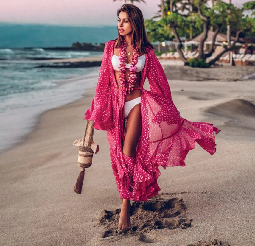 

Oversize Ruffle Chiffon Bikini Cover Up Beach Cover-up Women Pareo Beach Tunic Bathing Suit Cover Ups Summer Long Beach Dress