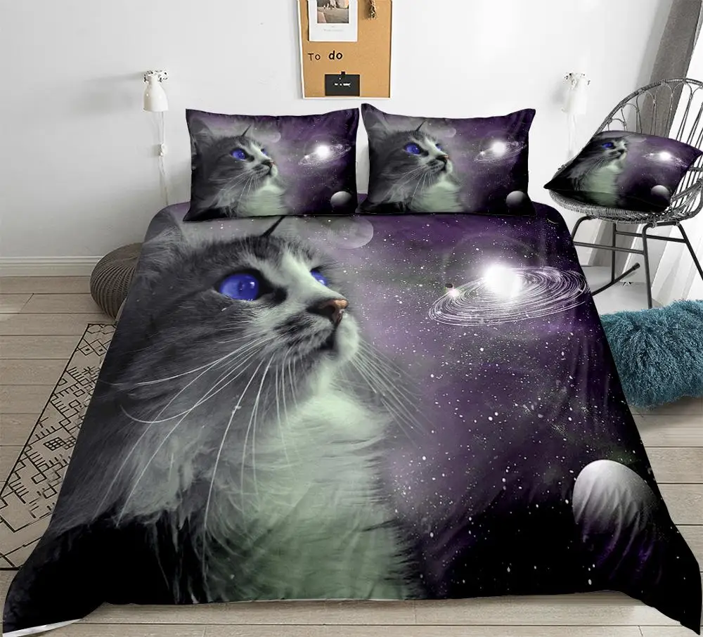 3D Космический Кот пододеяльник набор Galaxy постельные принадлежности синий глаз
