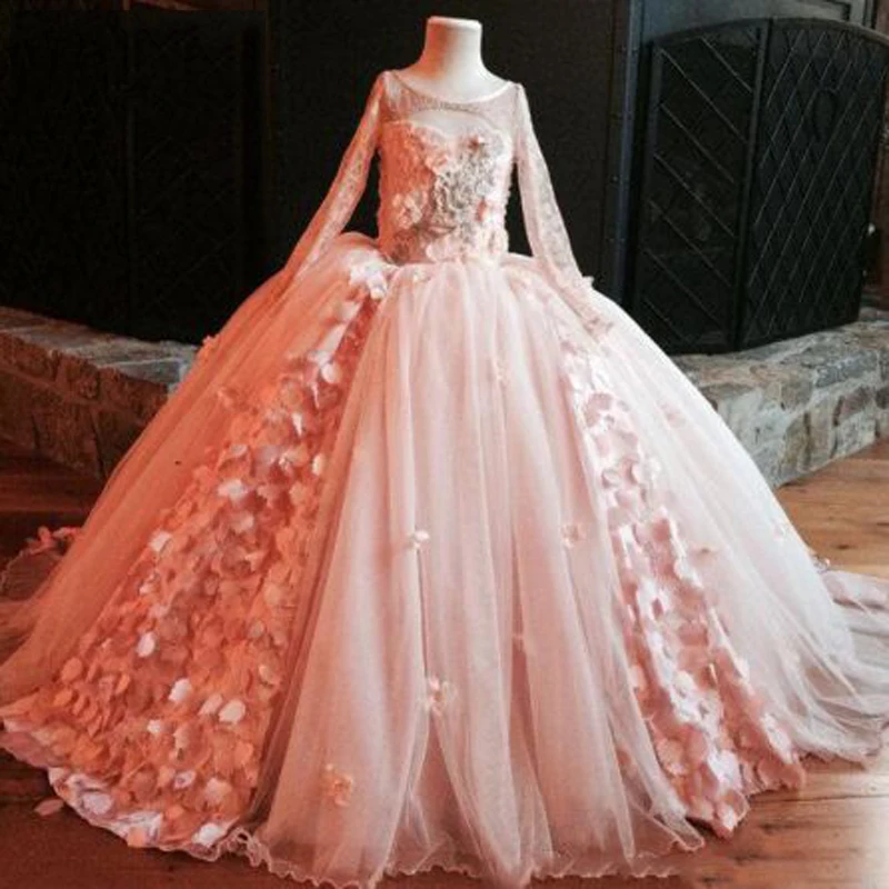 Розовое платье с аппликациями кружевами и рюшами бальное платье с оборками платье с цветочным узором для девочек простое платье с длинными
