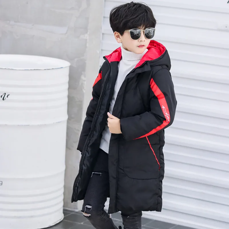 Детская куртка для девочек, зимние длинные парки, теплые пуховики, плотная верхняя одежда, детская одежда, пальто с капюшоном, куртка для мальчиков, пальто для малышей - Цвет: Черный