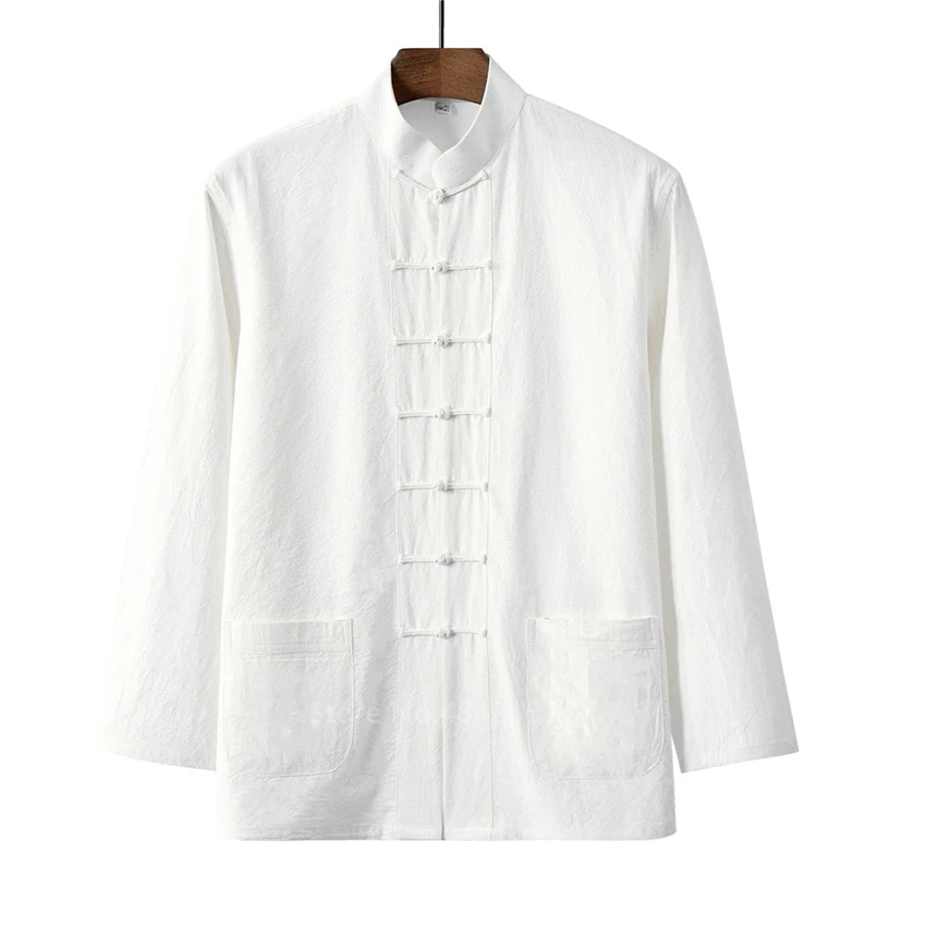 Traditional Chinese Style New Year Hanfu Men Tops Kung Fu Solid Linen Tai Chi Wushu Outfit Vintage China Shirt Clothing