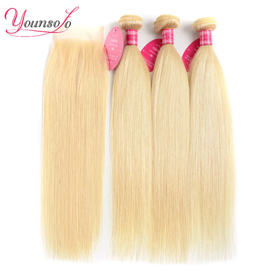 

Younsolo 613 Straight Human Hair Bundles with Closure Hair Extension Remy Brazilian Hair Weave Bundles with Closure