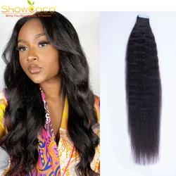 Long Hair Kinky Straight Tape in Human Hair Extensions for Black Woman 100% Human Hair Virgin Remy Natural Color 16-24” ShowCoco