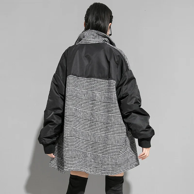 incredible  [EAM] Loose Fit Black Plaid Double Breasted Big Size Jacket New Lapel Long Sleeve Women Coat Fashio