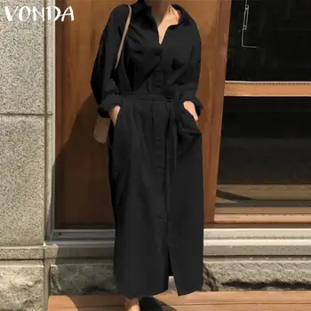 

Summer Party Dress Women Casual Turn-down Collar Long Shirts Dress With Belt 2020 Women Beach Sundress Plus Size S-5XL Vestidos